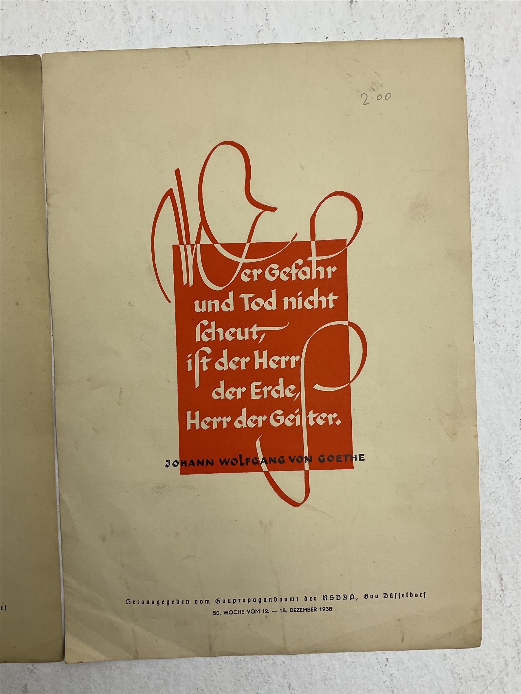 Collection of eight pre-WW2 German Propaganda poster style cards each printed in black and red with sayings by NSDAP leaders and German historical leaders,  featuring quotes by Adolf Hitler, von Goethe, Rosenberg, Magnus Wehner, Moltke, Kolbenheyer etc, each dated 1938 35 x 23.5cm unframed (8)