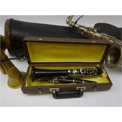  Boosey & Co orchestral model Class A brass trombone in case, brass trumpet, alto saxophone, brass regimental bugle and cased clarinet (5)  