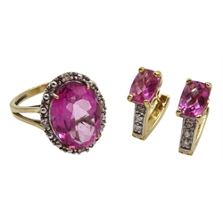 Gold flamingo pink topaz and diamond cluster ring and pair of gold briolette cut topaz and diamond earrings, both hallmarked 9ct 