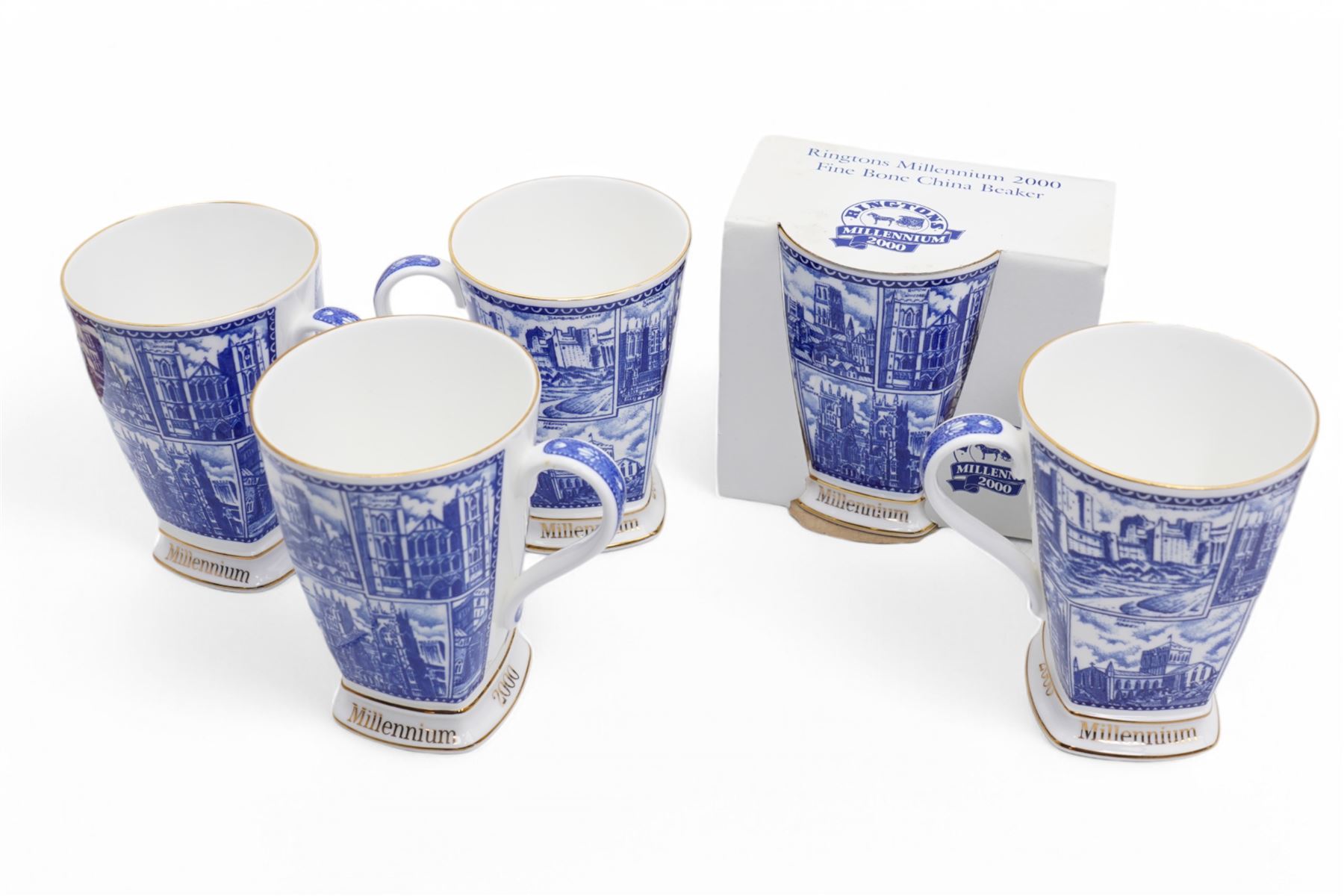 Ringtons items including novelty teapot Millenium Welsh Dresser, another Tea Time, tea caddy, Willow Story vase, Landmarks vase, five Millenium beakers etc