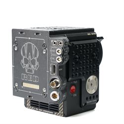 RED Epic-W Helium 8K camera body serial no. 13024E6A9, with RED EVF, three RED Mini Mag 512GB cards, one 480 Mini Mag card and reader, two RED V-Mount batteries and charger, RED top handle, Wooden Camera Easy Top top plate and one other top plate, various accessory cables, Wooden Camera bridge plate for 19mm studio rods, 12 inch Wooden Camera Dovetail plate and four 19mm studio rods to include two 380mm and two 610mm, with original Epic-W camera box and contained within a custom cut flight case