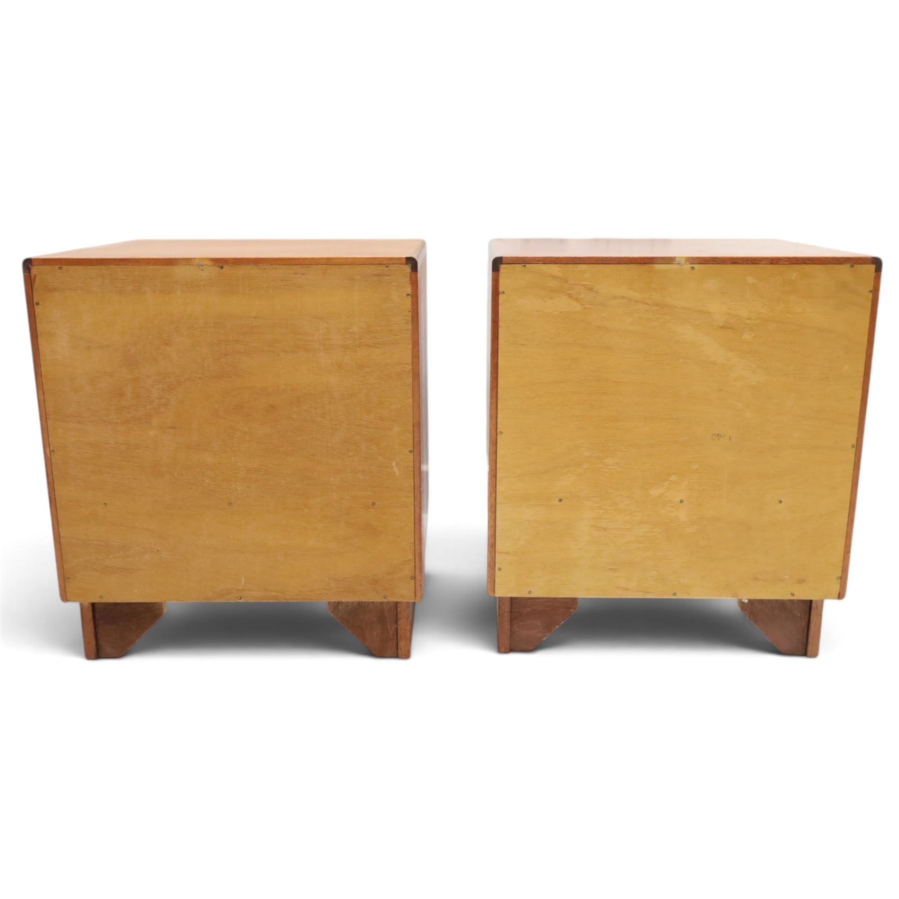 G-Plan - ‘Fresco’ teak pair of bedside cabinets, each with rectangular top over open recess and single drawer with sculpted handle, on plinth base