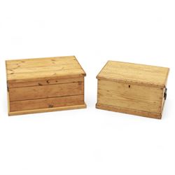 Pair of stripped pine chests, of rectangular form with plank construction and hinged lids,...