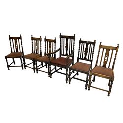 Near set six oak dining chairs, high-back with pierced and carved central splat flanked by spiral turned uprights, upholstered drop-in seats, raised on spiral turned supports united by strethers