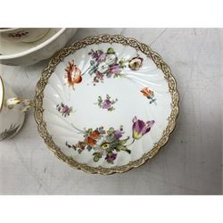 Two Royal Worcester tea cups, with one saucer and dessert plate, hand painted with British flowers and heather sprays and saucer, together with two Dresden tea cups and saucers, and various pink luster tea wares  
