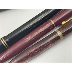 Group of Waterman pens and propelling pencils, to include a fountain pen, the black barrel with rolled gold cap and nib stamped 14ct, together with a matching propelling pencil, in box, together with a further fountain pen with gold nib stamped 14ct, stainless steel fountain pen and rollerball set in box, propelling pencil with maroon barrel etc, largest L13cm (7)