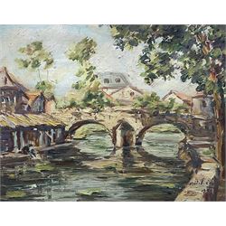 Fritilliere (French mid 20th century): River Scene with Bridge, oil on canvas signed and dated 1951, 32cm x 40cm 