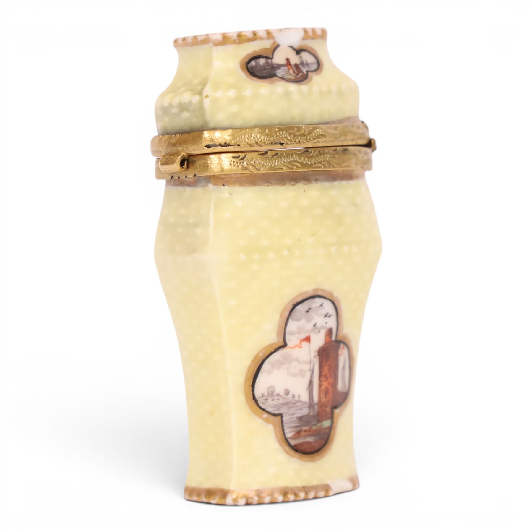 19th century continental etui or needle case, in the manor of Helena Wolfsohn, with six painted panels of marine themes upon textured yellow ground, H7cm