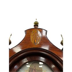 Denton & Fox of Hull – Early 19th century mahogany 8-day longcase clock c1802, pagoda pediment with an oval inlay and three ball and spire finials, break arch painted dial and hood door flanked by reeded pilasters with brass Corinthian capitals, long trunk door with conforming break arch top on a rectangular plinth raised on bracket feet, early Wilson (Birmingham) dial with Roman numerals, five minute Arabic’s and minute dots, subsidiary seconds dial and calendar aperture, with matching steel hands, floral spandrels within raised gesso work and a conforming oval depiction of a young maiden and dog to the break arch, dial pinned via a falseplate to a rack striking movement with a recoil anchor escapement striking the hours on a cast bell. With pendulum and weights.
Joseph Denton was a respected and prolific Hull clock maker working in Scale Lane Hull 1779 and Silver Street 1782-1814. Entering a short-lived partnership with Charles Fox from Beverley in 1802.
