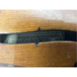 Four violins 1/8th size; half size with Nicolas Bertholini label; three-quarter size with Stradivarius copy label; and full size with Marquis De L'Air label (4)