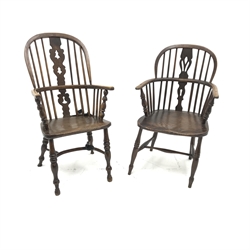  19th century ash and elm high back Windsor chair, crinoline stretcher (W55cm) and a 19th century ash and elm Windsor chair, turned supports (W56cm) (2)  
