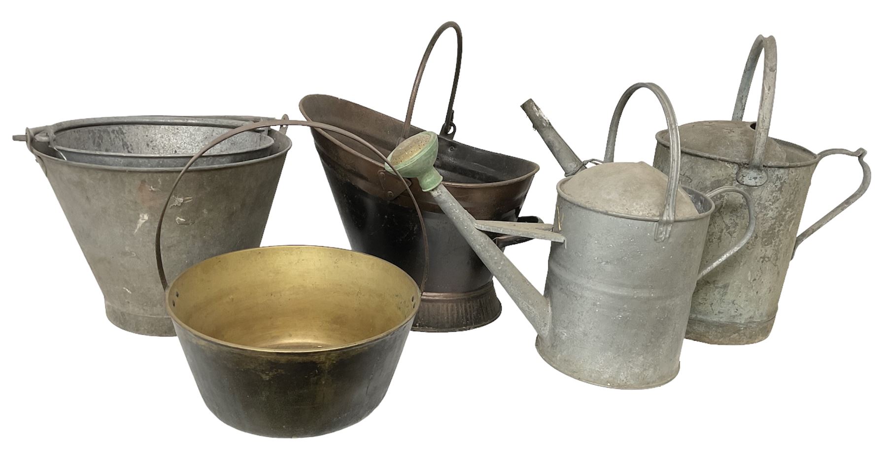 Two vintage galvanised watering cans, three galvanised buckets and a brass jam pan