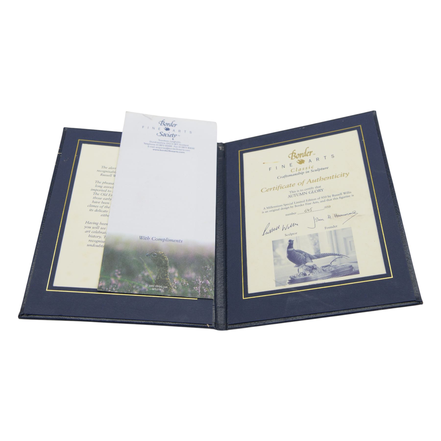 Border Fine Arts Autumn Glory, Millennium model No. B0488 by Russell Willis, limited edition 645/950, modelled as a pheasant on wood base, with certificate and box, H32cm 