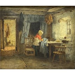 J Marquis (19th century): Cottage Interior, oil on canvas indistinctly signed and dated 1868, 24cm x 29cm