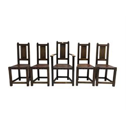 Set five (4+1) oak high back dining chairs, panelled slat back with fluted design, studded leather seats, raised on square chamfered supports united by stretchers