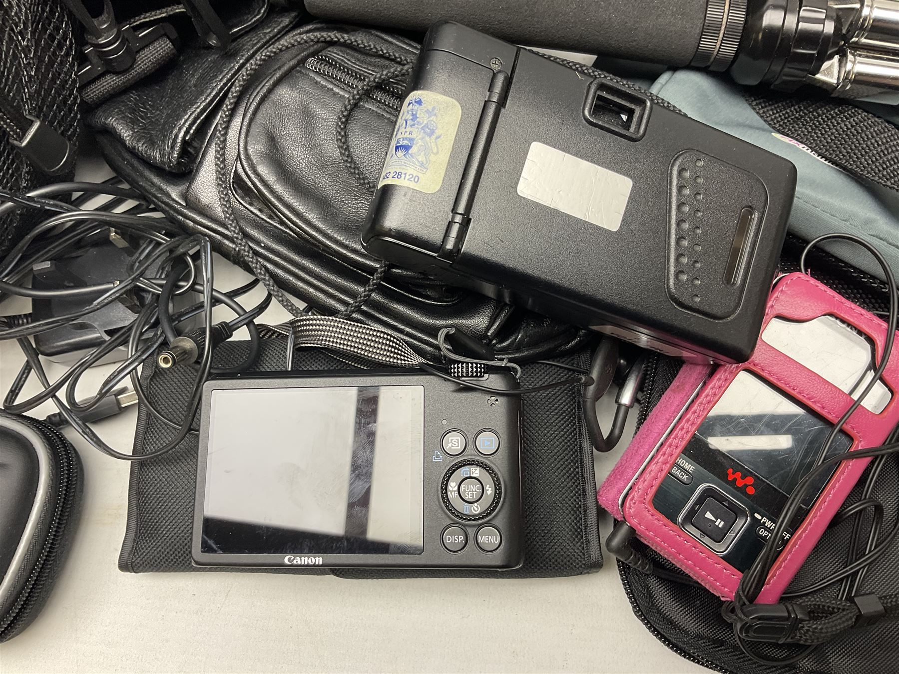 Quantity of camera accessories and equipment, to include boxed Canon EFS 17-55mm IS lens, Canon 59s camera, Olympus camera, etc