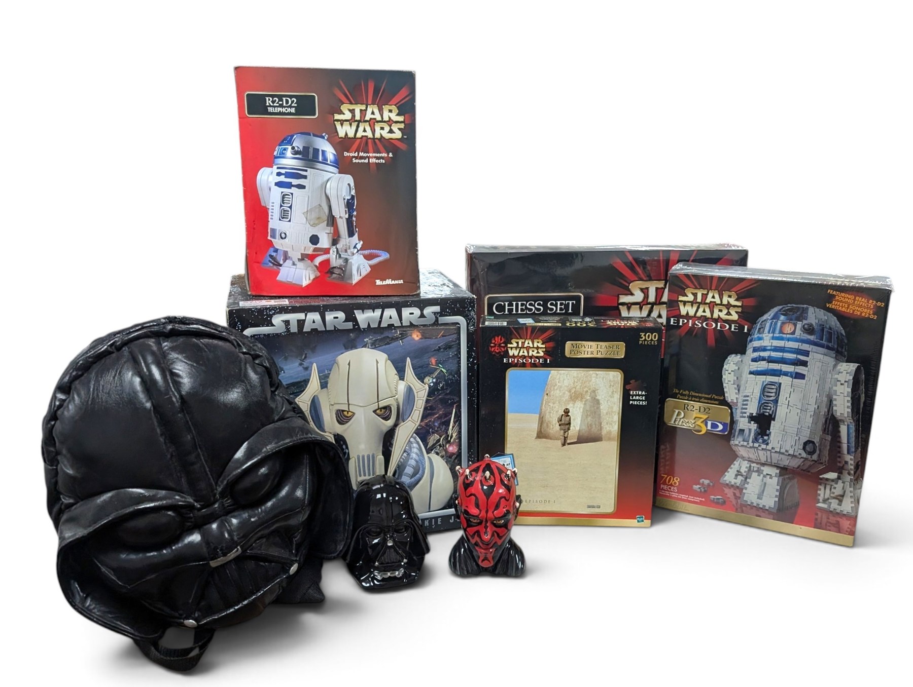 Star Wars collectables, including Neca General Grievous cookie jar,R2-D2 telephone, Episode I chess set, puzzle, Darth Vader back pack and two money boxes