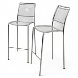 Pair of Italian Lucite and chrome high back stools, with clear moulded seats and backs supported by tubular chrome frames 