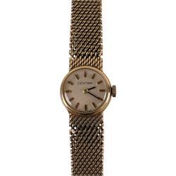 Certina ladies 9ct gold manual wind wristwatch, on integral 9ct gold bracelet, London 1966