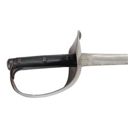 British 17th Lancers, Duke of Cambridge Own, 1899 cavalry sword, with L83cm single-edged slightly curved blade, top of blade etched '30E', broad sheet steel bowl hilt with chequered black leather grip scales, the steel two ring scabbard engraved 2/09 O.T.C , overall L104cm