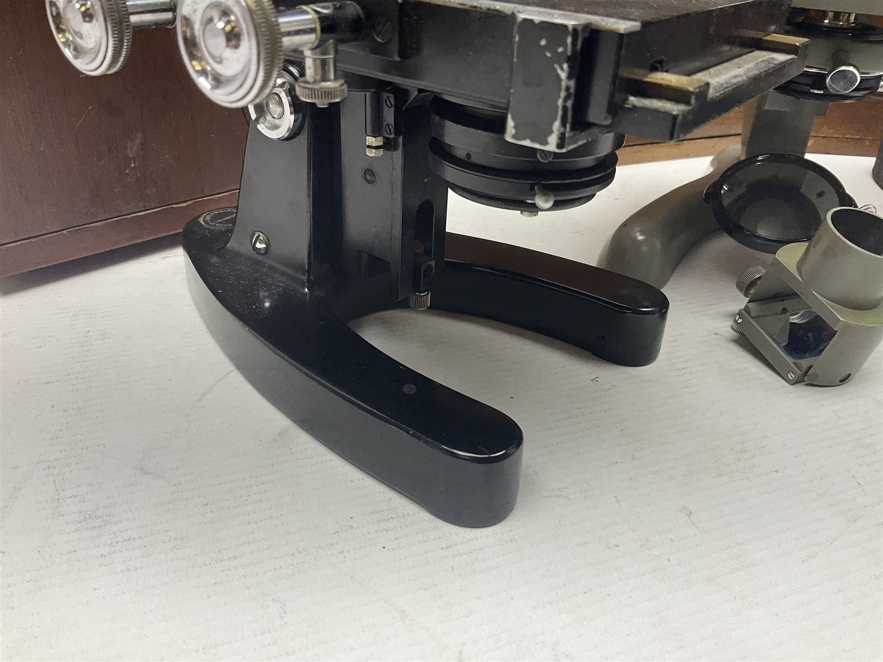 Four microscopes, including Cooke, Troughton & Simms no M467926, W Watson & Sons no 114758, W & J George & Beck Ltd no 36649 and one other 