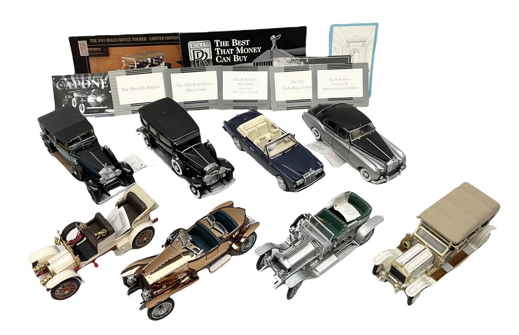 Eight Franklin Mint diecast models of cars, 1911 Rolls-Royce Tourer, The Rolls-Royce Corniche IV, The Mercedes Simplex, 1955 Rolls-Royce Silver Cloud, 1921 Rolls-Royce Silver Ghost, 1907 Rolls-Royce Silver ghost,1929 Rolls-Royce Phantom I,  and 1930 V-16 452 Cadillac Imperial Sedan, all with original tags attached