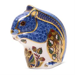 Five Royal Crown Derby paperweights Rowsley Rabbit limited edition 492/500 with certificate, Stoney Middleton  Squirrel, Old Imari Frog limited edition 1512/4500 with certificate, Debenhams Squirrel, and Mole all with silver stoppers