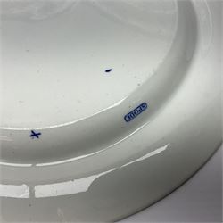 Five 19th century Spode blue and white dinner plates, and a dish, each decorated in the Tiber pattern, circa 1825, each with printed marks beneath, plates D25cm, dish D24cm