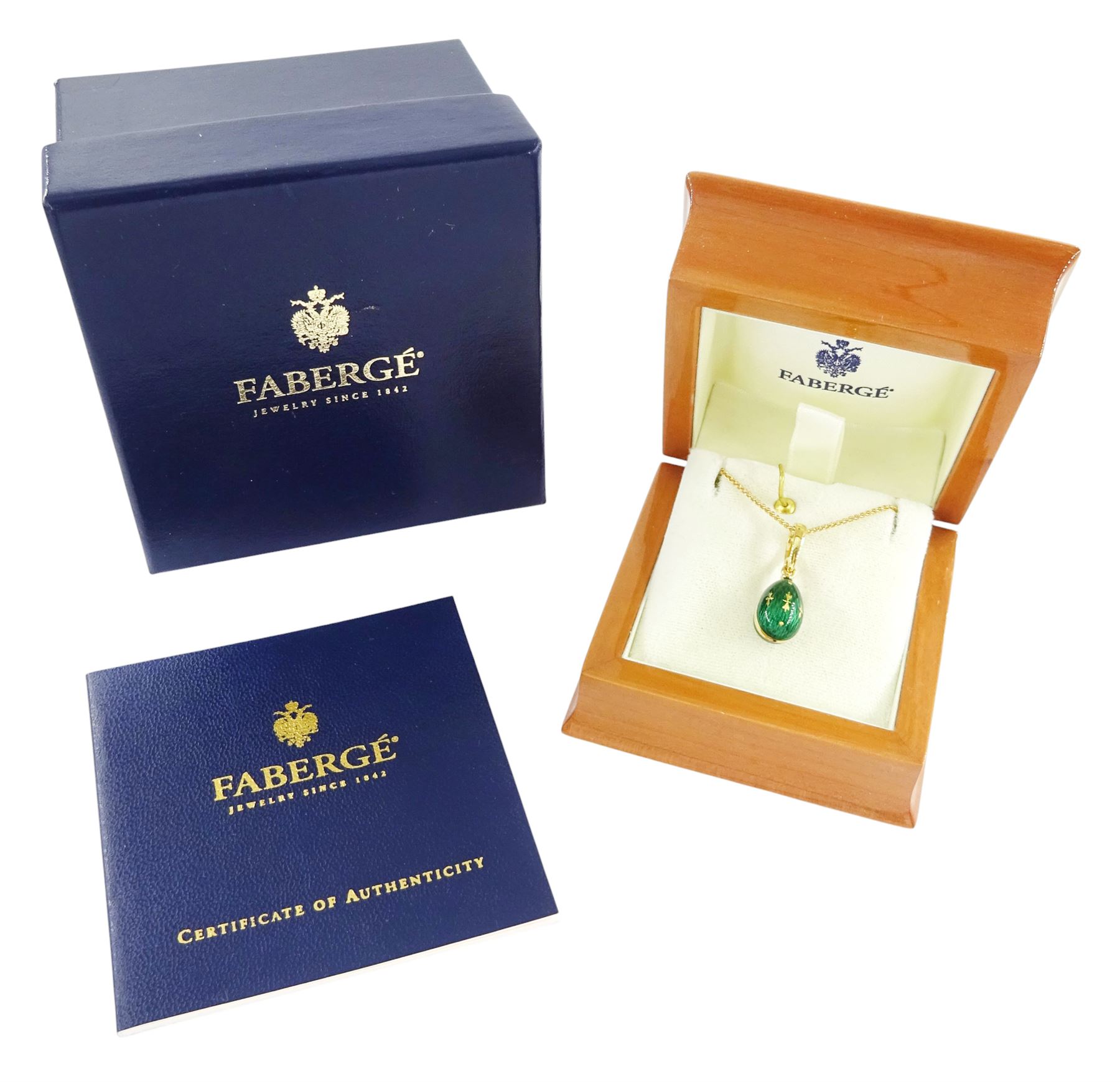 Fabergé 18ct gold enamel egg pendant, Ref. F-1310, green guilloche enamel egg, with hinged bail, designed by Victor Mayer for Fabergé, on 18ct gold wheat chain necklace, boxed with papers