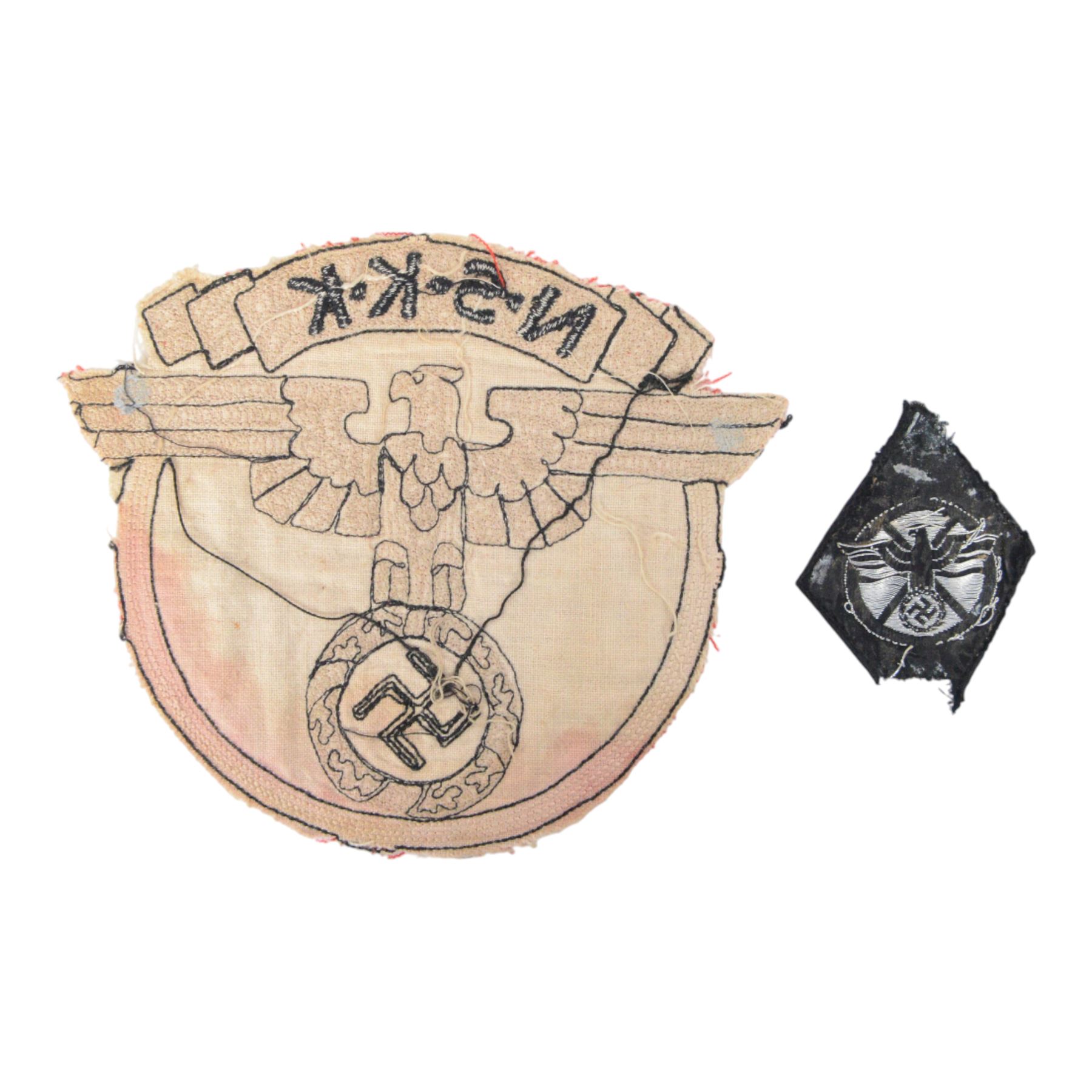 Third Reich NSKK cloth pennant emblem together with an NSKK sleeve diamond, NSKK badge H12cm
