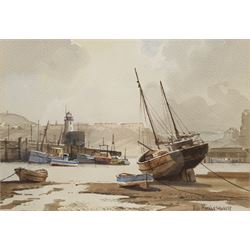 Don Micklethwaite (British 1936-): Scarborough Harbour at Low Tide with View of Lighthouse and Castle, watercolour signed 22cm x 30cm