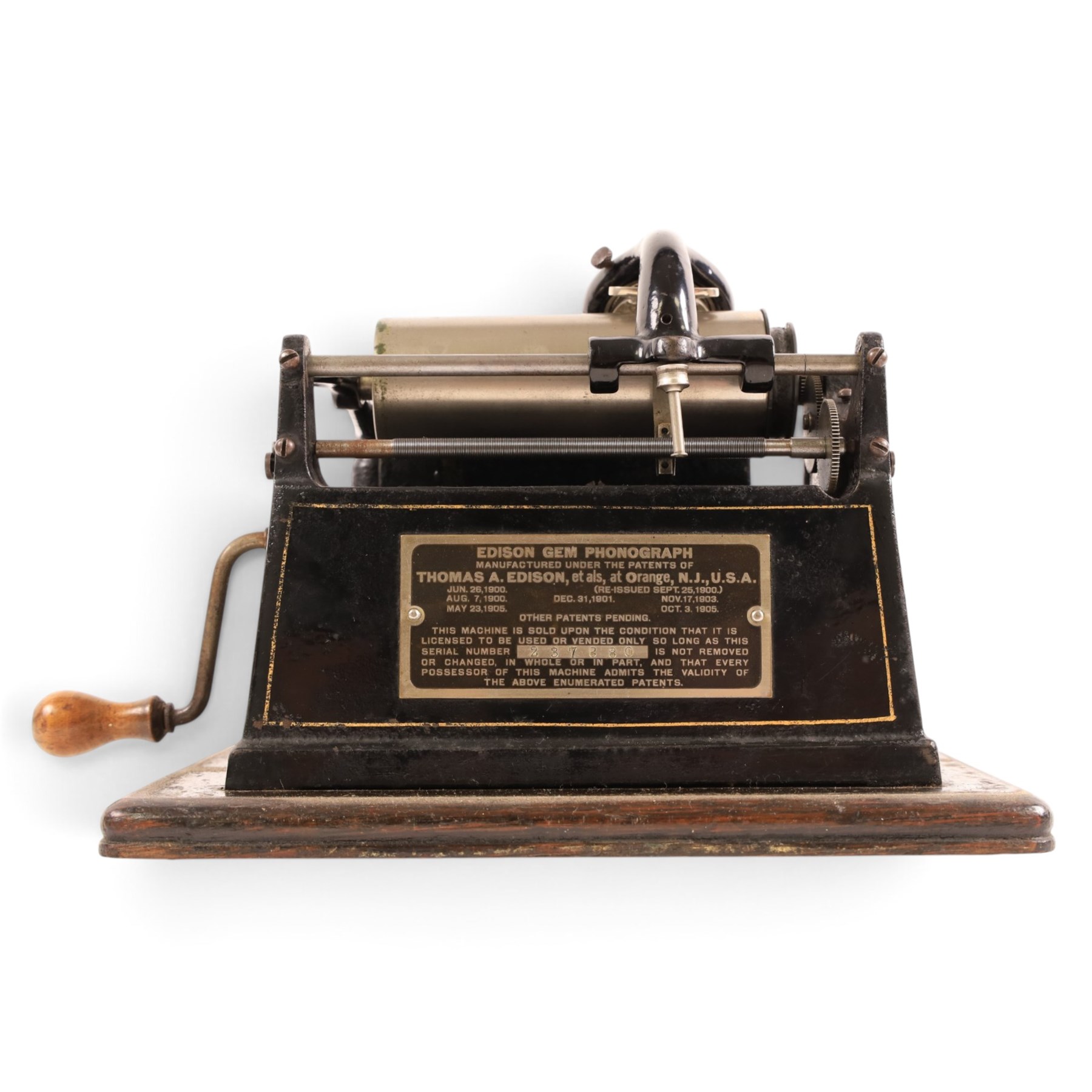 Early 20th century Edison GEM phonograph, in oak case, serial number 237880, with brass horn and a collection of wax cylinders