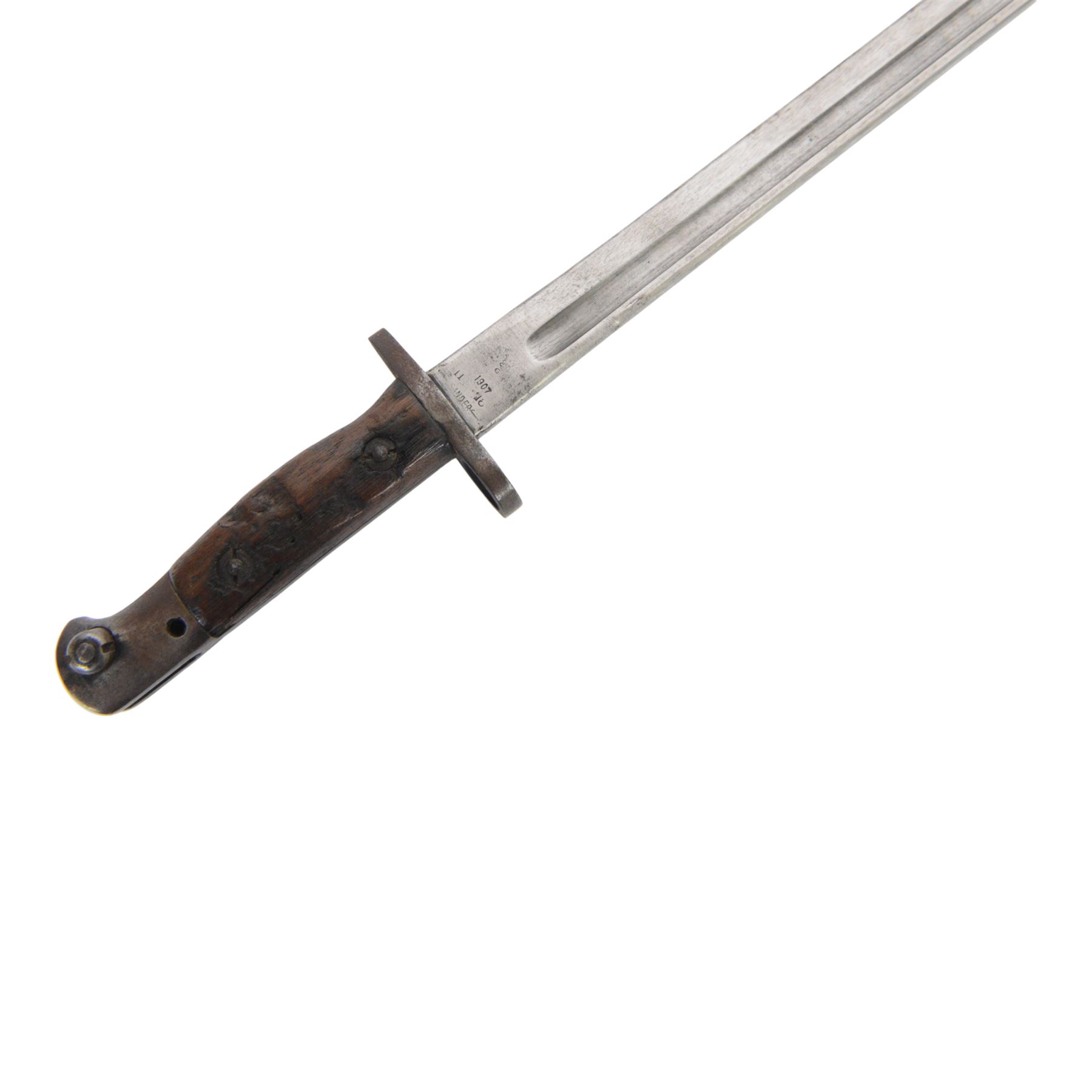 British bayonet, the 44cm blade stamped to the the ricasso Sanders, with wooden two piece grip,  in a steel scabbard with canvas frog, overall L58cm