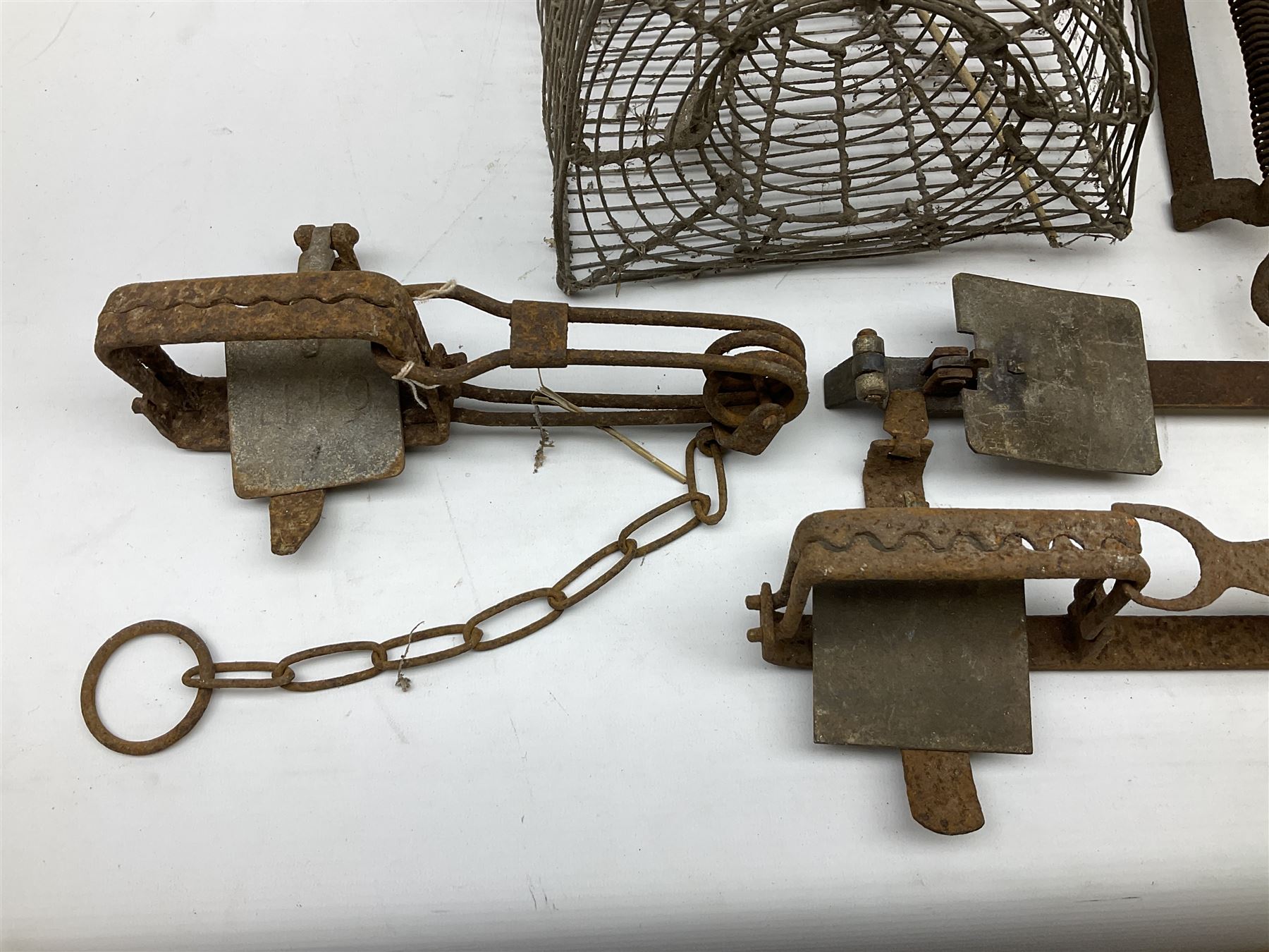 Quantity of animal traps including, gin traps, mole traps, Henri Marty wirework cage trap etc. Auctioneer's Note: These traps are sold as artefacts for ornamental purposes only as the use of some of them is illegal.