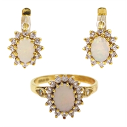18ct gold opal and cubic zirconia cluster ring and pair of similiar 18ct gold earrings, both stamped 750