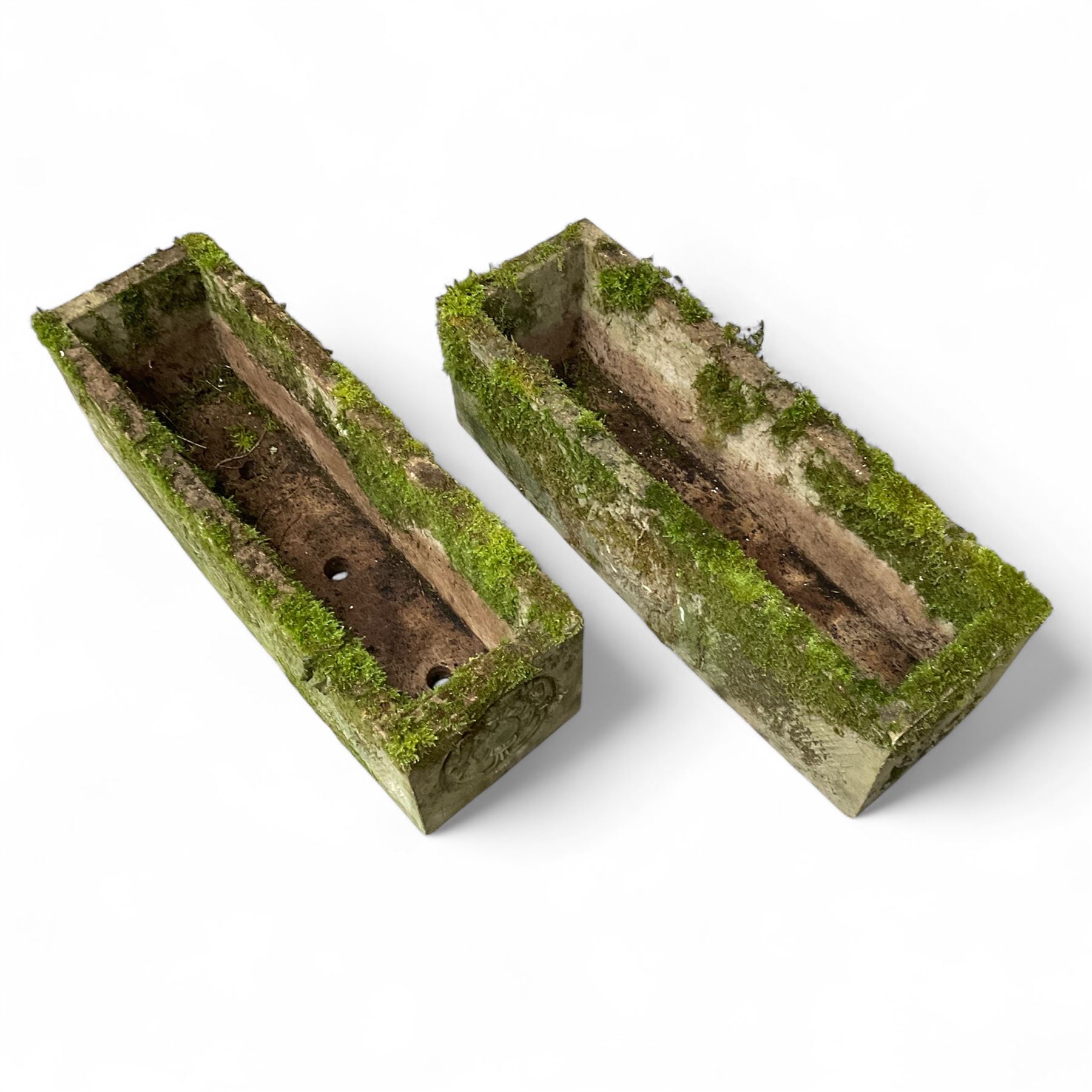 Pair of Yorkshire Rose weathered cast stone trough planters