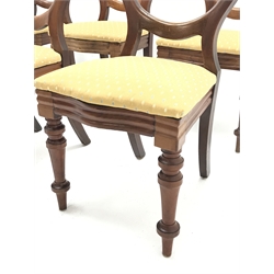  Set eight Victorian mahogany balloon back chairs, serpentine front with drop on upholstered seats, turned front supports  