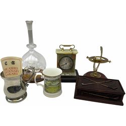 Lichfield glass sculpture, ship in a bottle H31.5cm together with The discovery of America commemorative compass, a quartz mantel clock and a selection of other collectables. 