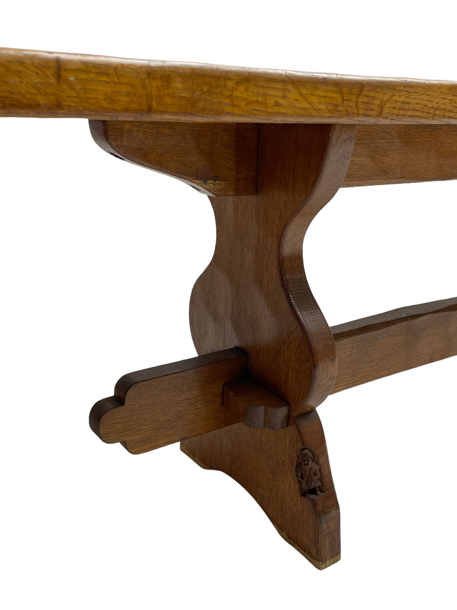 Gnomeman - adzed oak narrow bench, rectangular seat on shaped end supports united by pegged stretcher, carved with gnome signature, by Thomas Whittaker, Little Beck 