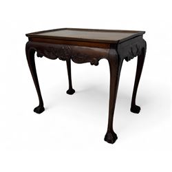 Late 19th to early 20th century mahogany side table, rectangular top with applied raised moulding, curved upper rails carved with C-scroll cartouches and extending curled leaves, bellflower carved cabriole supports with ball and claw feet 