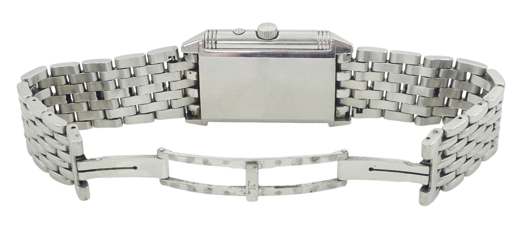 Jaeger-LeCoultre Reverso Duoface Night & Day gentleman's stainless steel manual wind wristwatch, Ref. 270.8.54, silvered dial with Arabic numerals with subsidiary seconds dial, reversing to a second black engine turned dial, Arabic and dagger numerals, subsidiary day/night dial, on Jaeger-LeCoultre stainless steel bracelet, boxed with service papers dated 2019 and 2020 and additional links