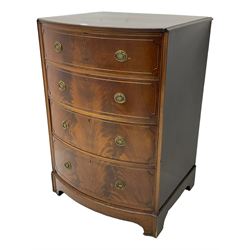 Early to mid-20th century mahogany bow-front chest, fitted with four drawers with oval pierced and pressed handle plates with loop handles, on bracketed plinth base