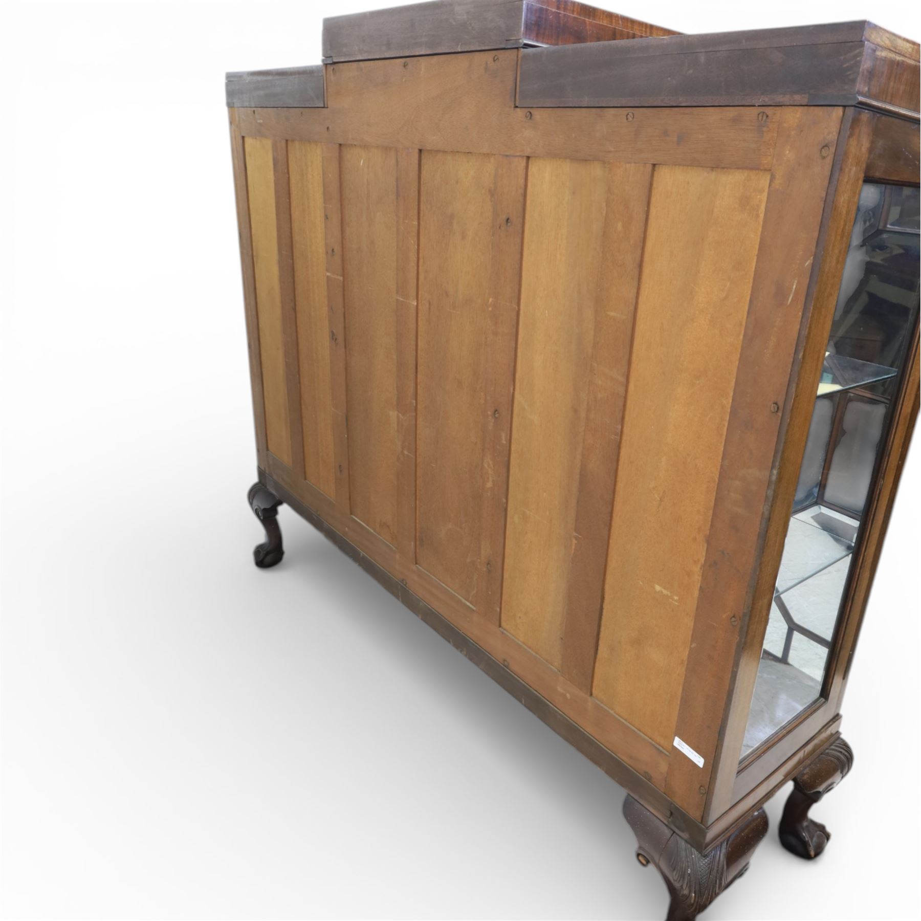  20th century large mahogany breakfront bookcase, with astragal glazed doors revealing an adjustable glass shelved interior, raised on ball and claw feet 