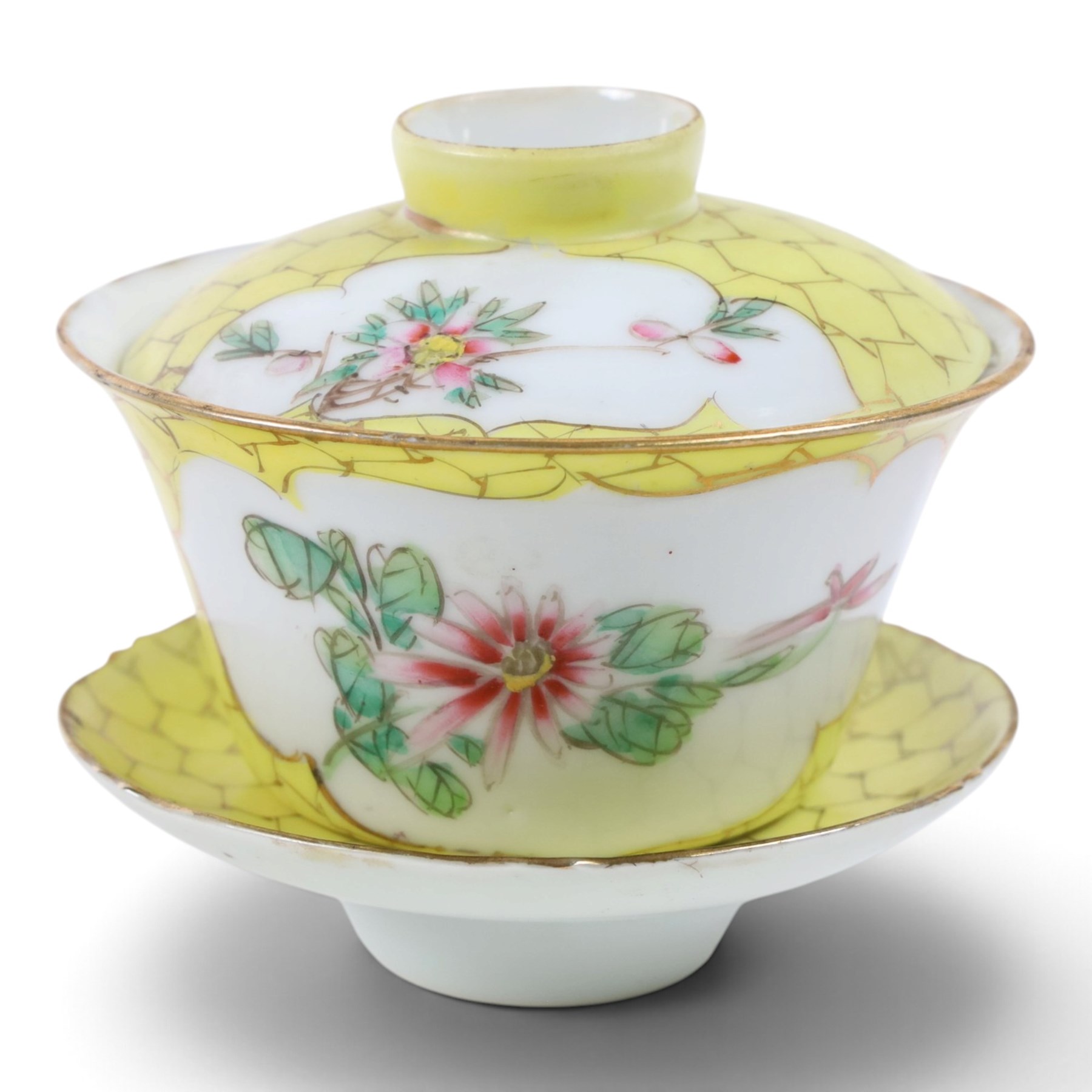 Famille jaune rice bowl, cover, and saucer, decorated with a bird in a blossoming branch, H10cm