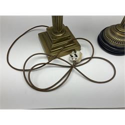 Brass table lamp in the form of a Corinthian column, together with a converted oil lamp, tallest without lightbulb H50cm