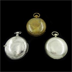 George III gilt open face fusee lever pocket watch by John Dwerrihouse Berkley Square, No. 4079, engraved balance cock with diamond endstone, two other fusee lever pocket watches by Strong, London and Thomas Hume, London, one with silver pair case, the other with white metal case