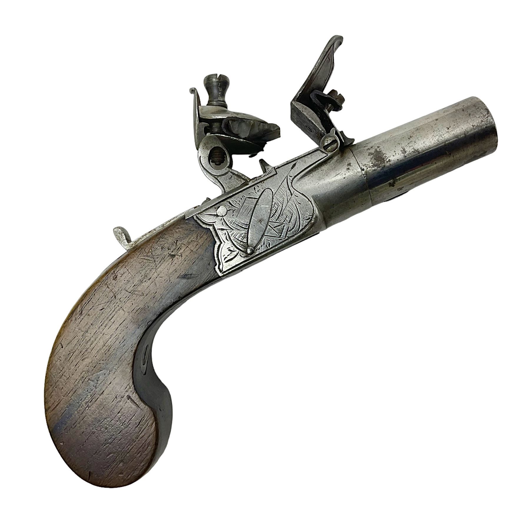 Early 19th century J. Calvert (Leeds) flintlock single barrel tap action pocket pistol, approximately .45 cal., the 4cm (originally) screw off barrel with top safety and walnut stock L16cm overall