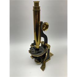 19th century Henry Crouch lacquered brass and black monocular microscope inscribed 'H. Crouch 51 London Wall London 476' with rack and pinion focusing H36cm, in fitted mahogany carrying case with extra lenses, twenty-six predominantly annotated prepared glass slides by W. Watson, Richard Suter, Wheeler, Thomas Groves etc including one marked Prize Medal Paris 1867, eight Walter White prepared card mounted slides and five original packets of C.J. Watkins unprepared specimens.
