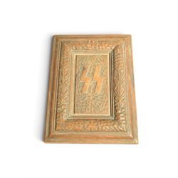 German Third Reich SS oak Mein Kampf presentation box, the lid carved with a raised oakleaf border and recessed centre bearing SS Sigrunen, H7cm