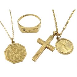 Gold cross pendant necklace, gold St Christopher pendant necklace and a gold ring, all 9ct